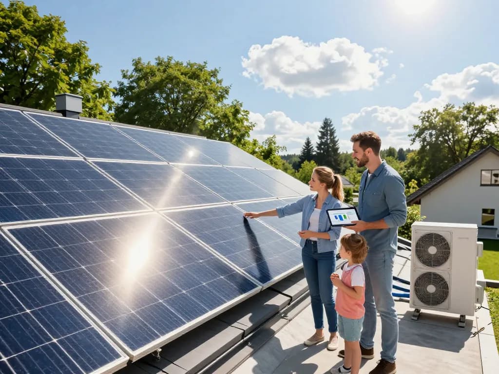 Photovoltaik Bayern Installation, die eine Familie zeigt, die Solarzellen und Wärmepumpen im bayerischen Sonnenlicht erkundet.