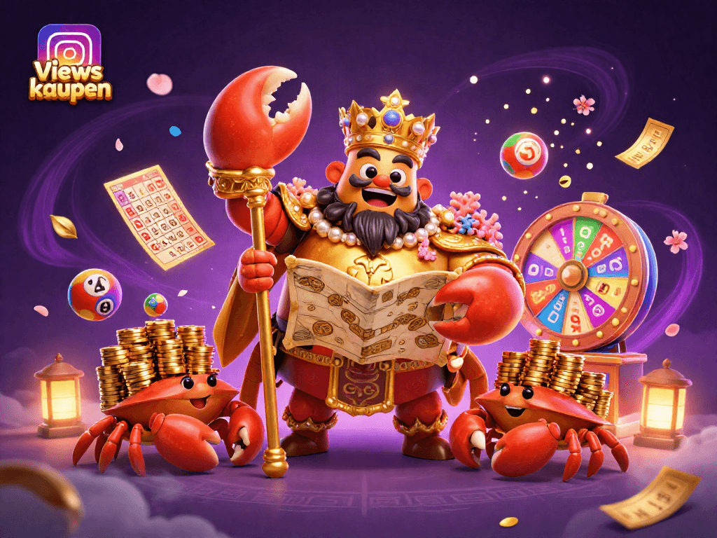 Erhöhen Sie Ihre Instagram Views durch diese spannende Casino-Illustration mit einem krabbenartigen Herrscher und einem Schatz.