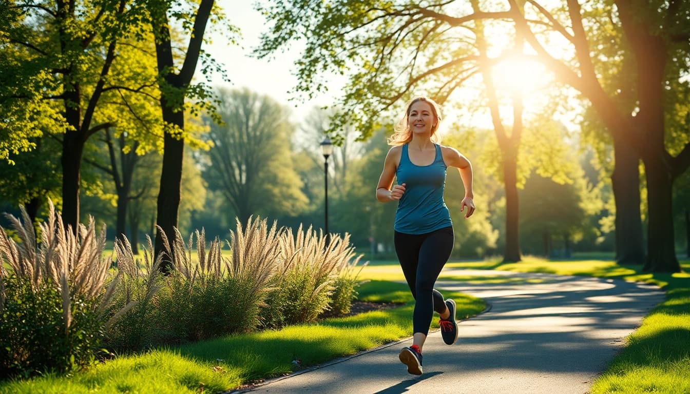 Eine Person joggt im Park, um den Gewichtsverlust und einen gesunden Lebensstil zu fördern.