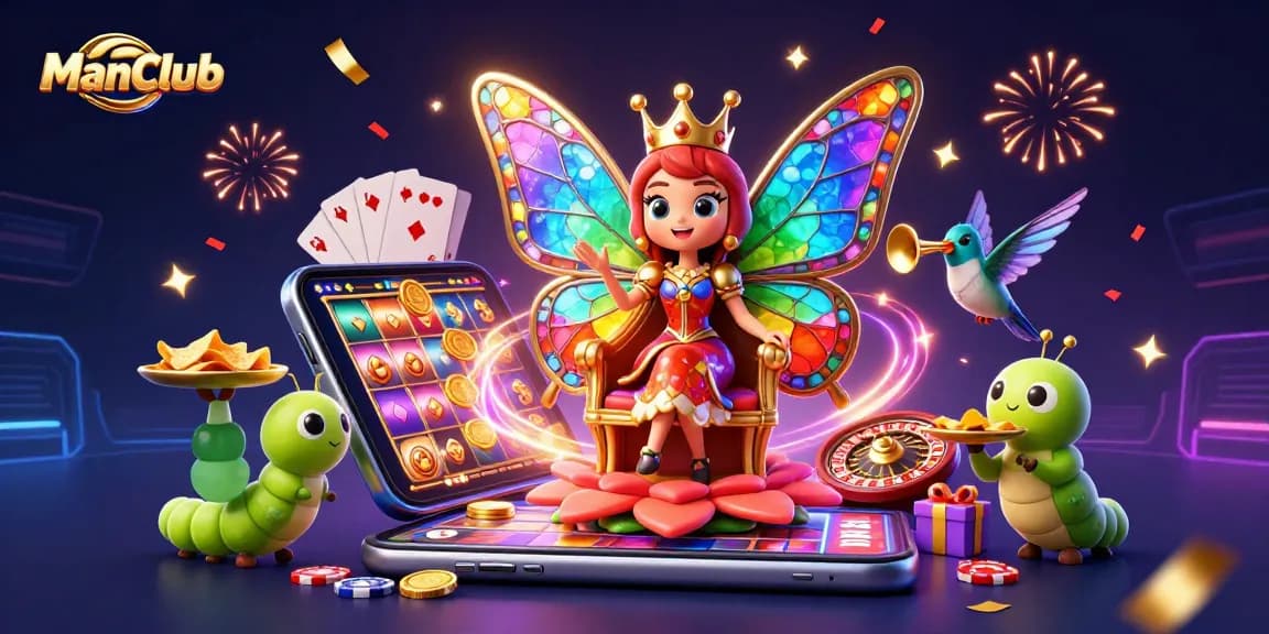 Experience thrilling slots at ManClub with a vibrant 3D casino illustration.