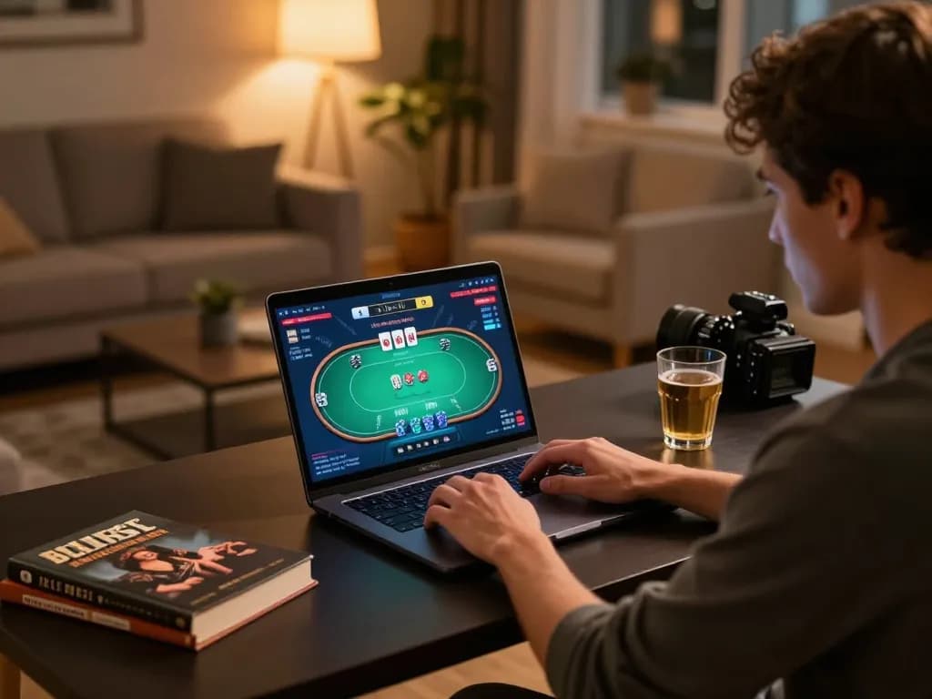 Engaging in an online poker game on fabet with a cozy home atmosphere and strategic focus.