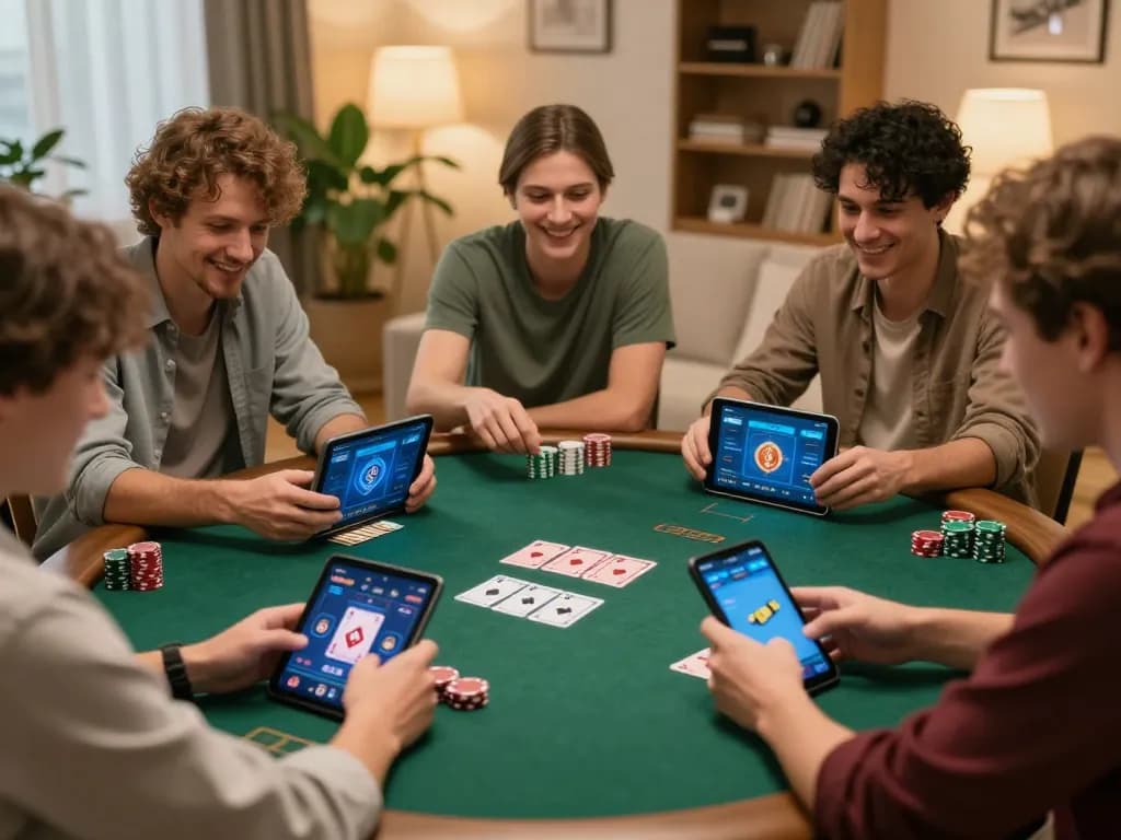 Players strategizing at online poker via 789win 37 app in cozy home setting.