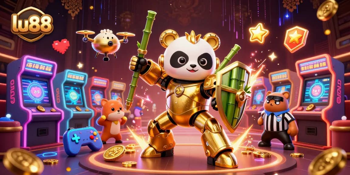 Experience the thrill of lu88 casino gaming with a dynamic scene featuring a golden panda robot in action.