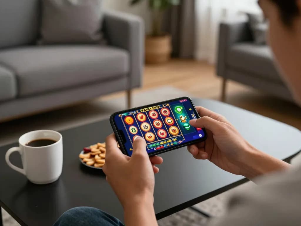 Engaged in online casino gameplay on smartphone at home, showcasing nhà cái uy tín 8XX.