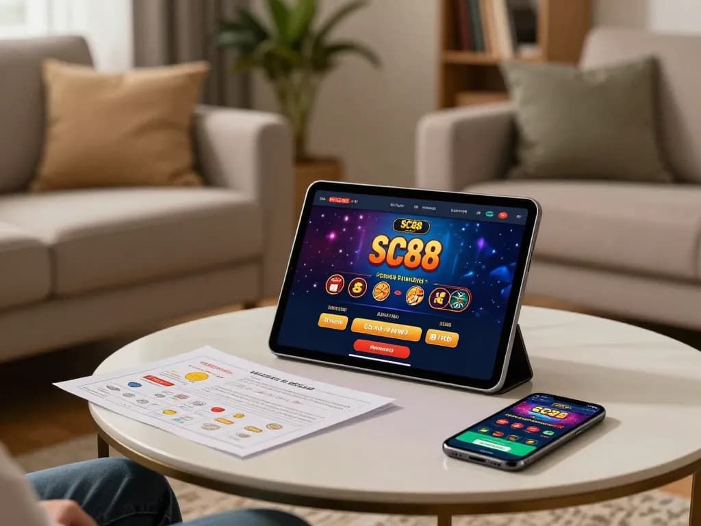 Player engaging with SC88 online casino on tablet in a cozy living room setting.