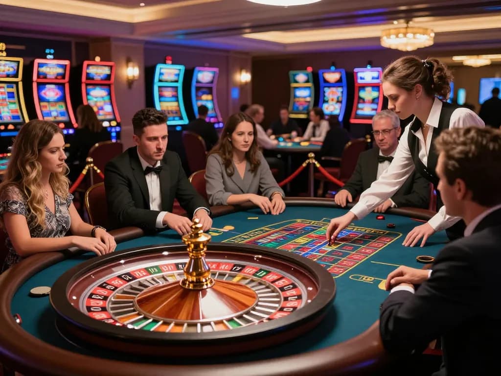 Engaged players placing bets at TRANG CHỦ LUCK8 roulette table, featuring an elegant casino atmosphere.
