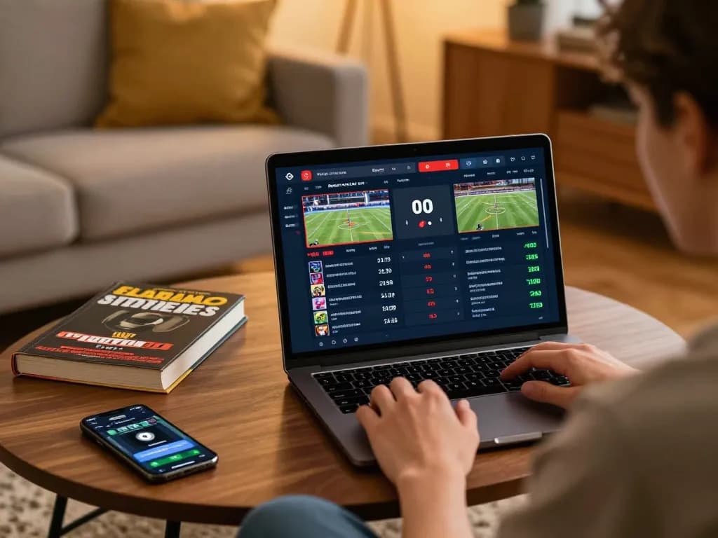 BCX88 user focusing on sports betting strategies while using a laptop in a cozy living room.
