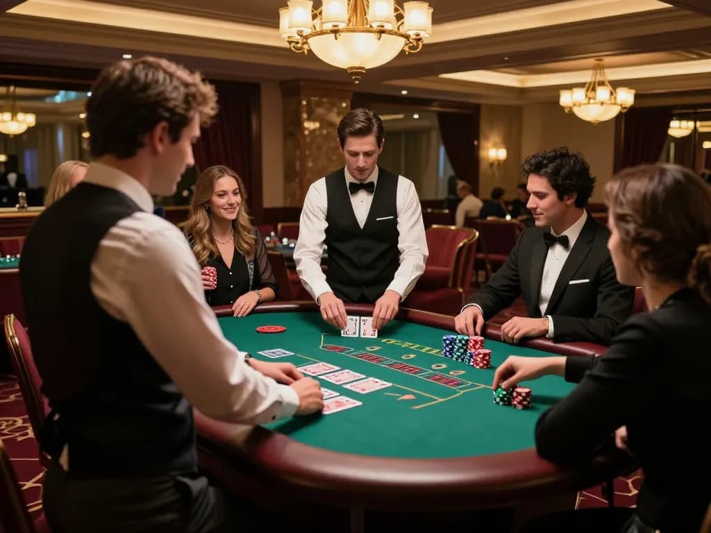 TOPBET blackjack players celebrating a win at a luxurious casino table in an upscale setting.