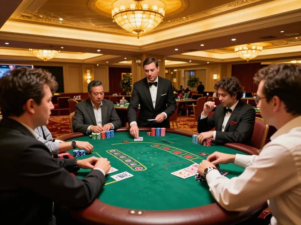 MMOO blackjack action: players engaged, dealer shuffling cards in lively casino setting