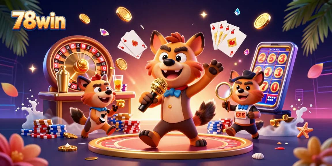 Win lucrative jackpots at 78win's comedy casino club with hyena characters engaging in fun.