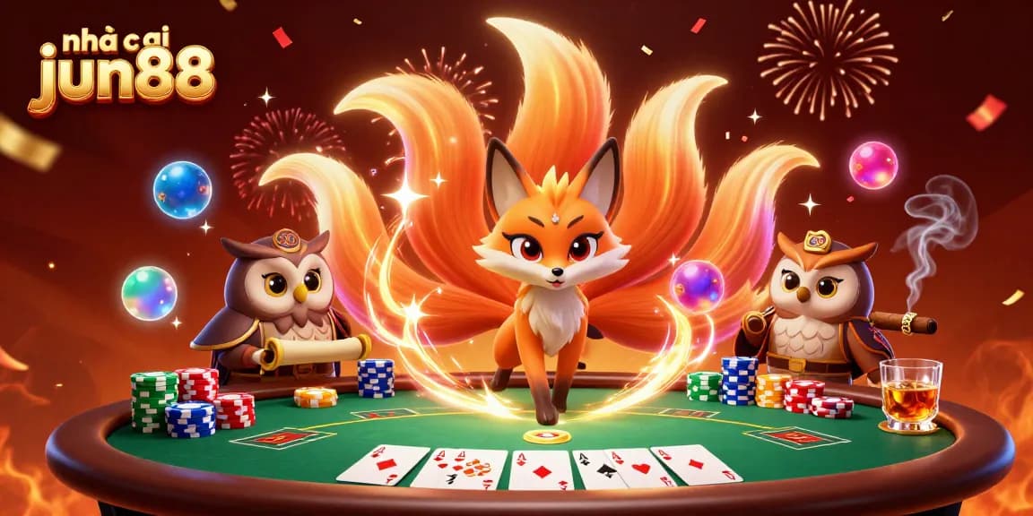 Engage with the vibrant action at nhà cái jun88, featuring a colorful nine-tailed fox and a wise owl among poker elements.