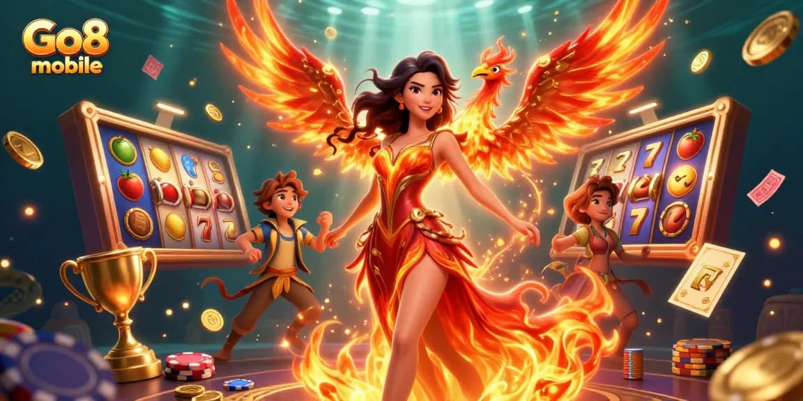 Experience the thrill of Go8 mobile casino gaming with this vibrant 3D illustration featuring dynamic slot reels and dazzling elements.