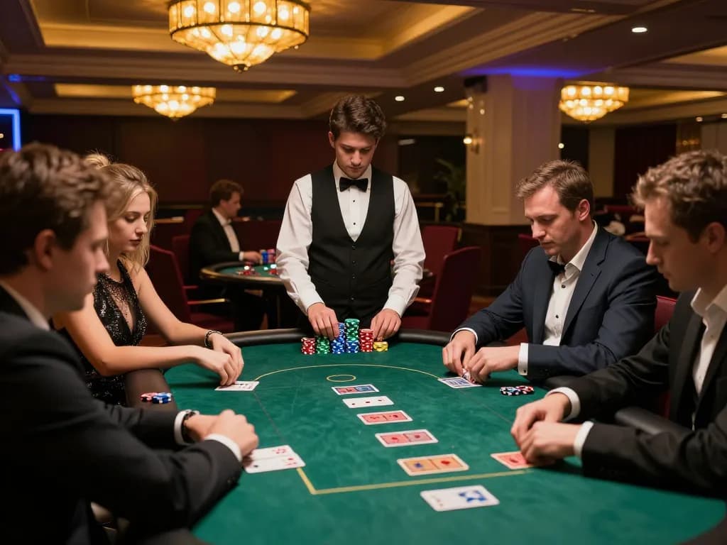 33win players engaging in a high-stakes poker game with colorful chips and community cards visible