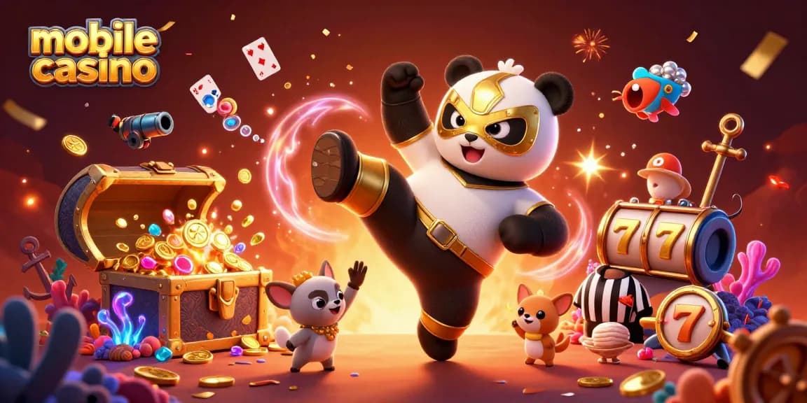 Experience thrilling action at the mobile casino with a wrestler panda and lively animal fans amidst sparkling treasures and slot excitement.