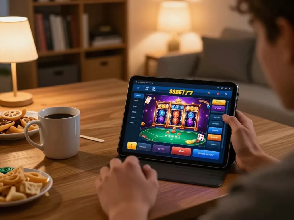 Engaged player using SSBET77 app on tablet during online gaming session, showcasing vibrant interface and cozy atmosphere.