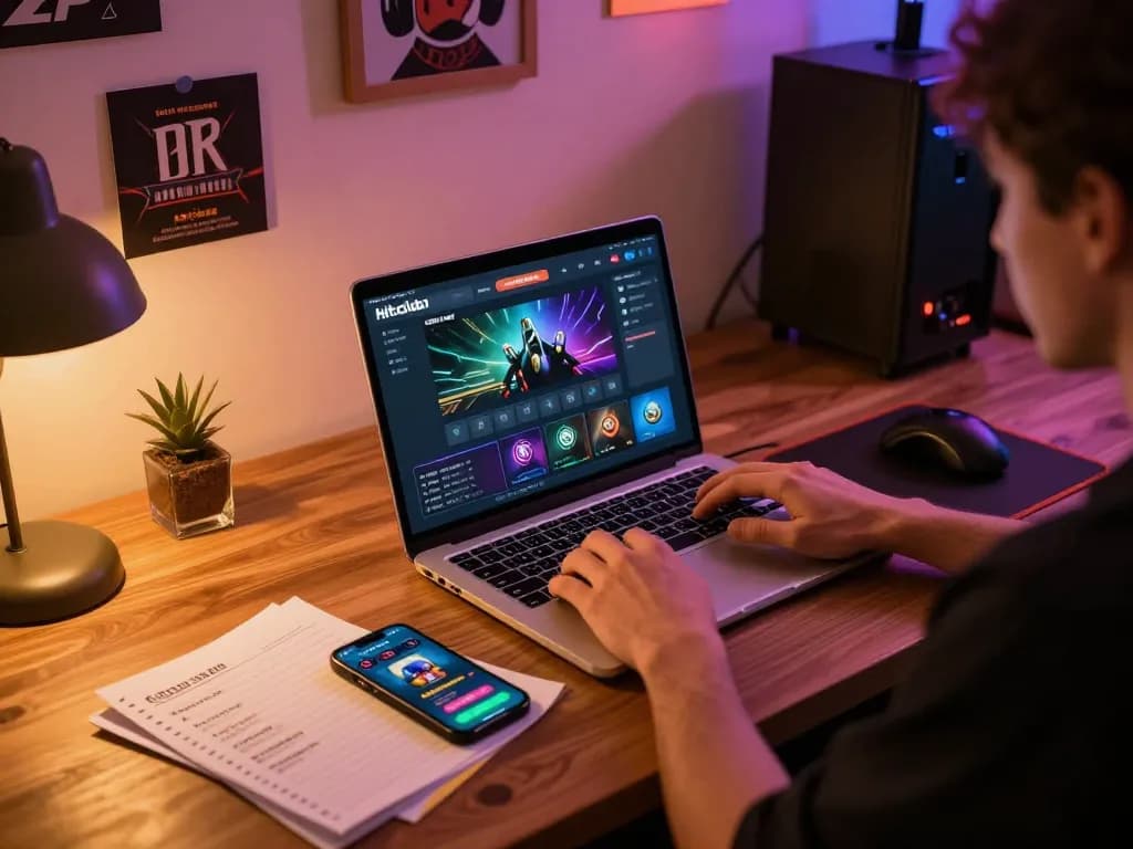 Engaging with Hitclub online gaming interface in a cozy home office.