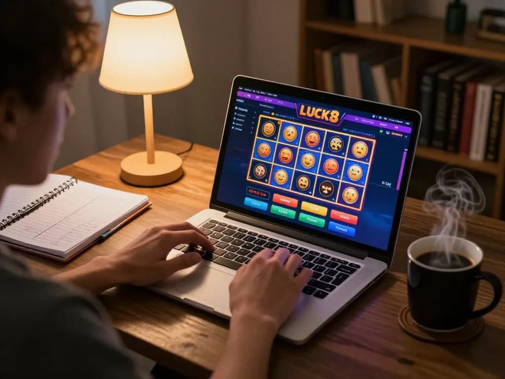 Engaging in online slots at LUCK8, showcasing vibrant game interface and strategic notes.