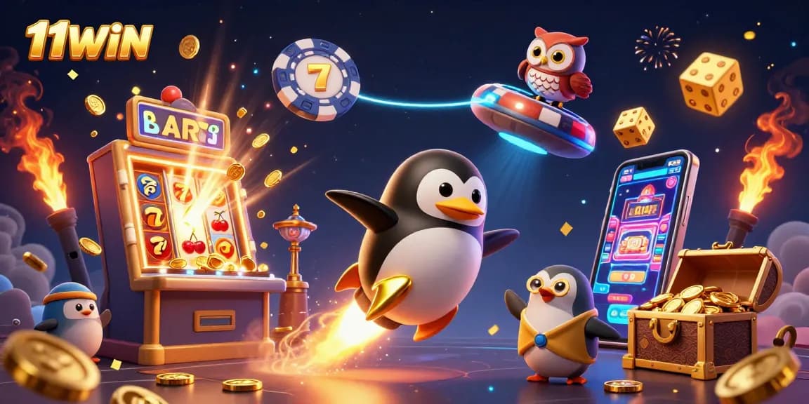 Experience the thrilling action of 11WIN with a vibrant illustration of a golden penguin in a cosmic casino adventure.