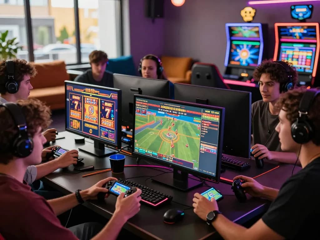 Exciting O8 online gambling experience with friends immersed in vibrant slot games and sports betting.