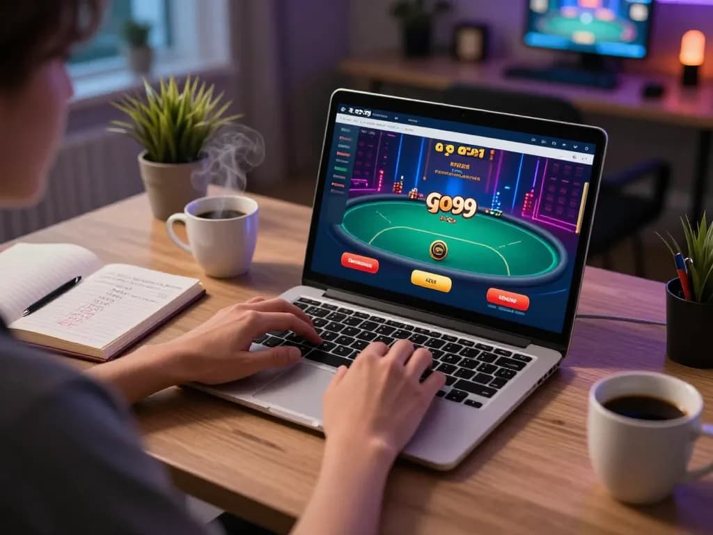 Player enjoying go99 online poker gaming setup at home with laptop and strategy notes.