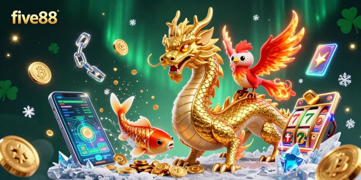 Engage with exciting five88 gaming elements featuring a dragon, phoenix, koi fish, and crypto icons.