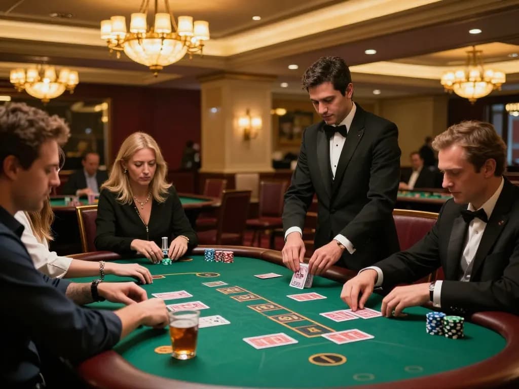 Experience the thrill of cm88 blackjack play with intense players at an upscale casino table.