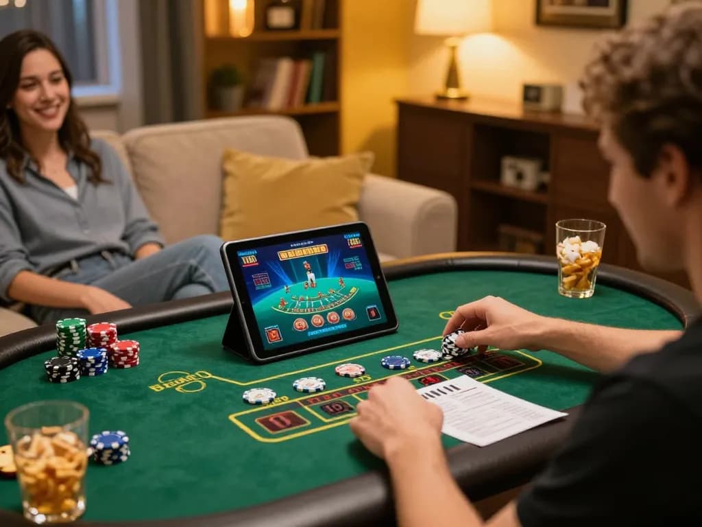 Engaging in live casino games on tablet with nhà cái 33win interface, showcasing relaxing home atmosphere