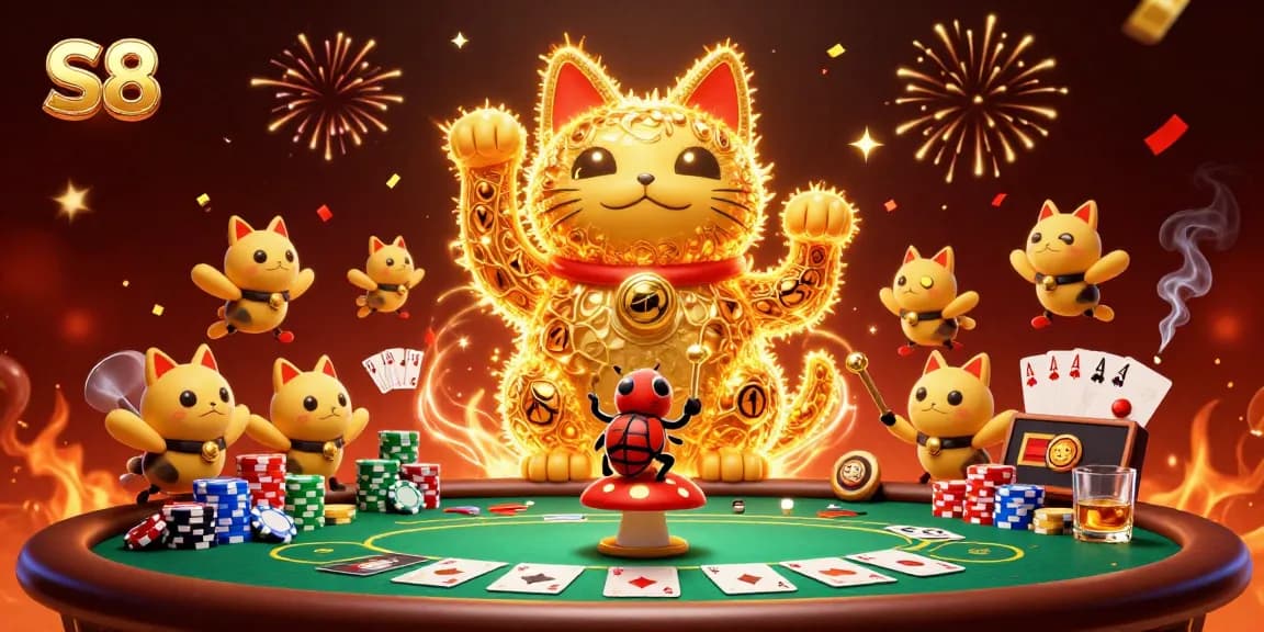 S8 captures the excitement of a vibrant casino scene with dynamic poker elements and lively characters