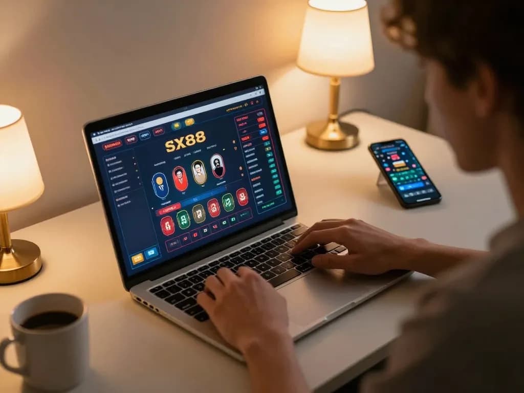 SX88 gaming strategy being analyzed on laptop, cozy home atmosphere.