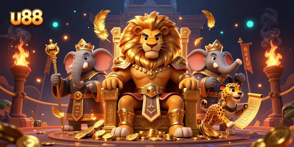 Experience the excitement of u88 gaming with a majestic lion, wise elephant, and fast cheetah amidst dynamic casino elements.