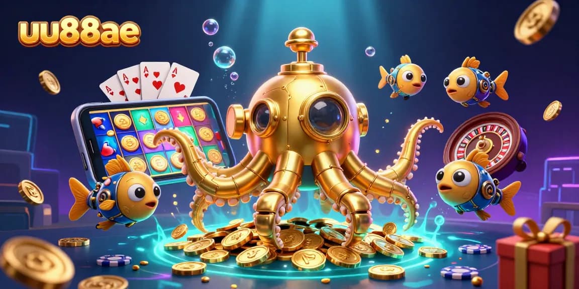 Experience winning moments at uu88ae with a vibrant scene of a golden kraken submarine surfacing through golden coins, accompanied by unique gaming elements.