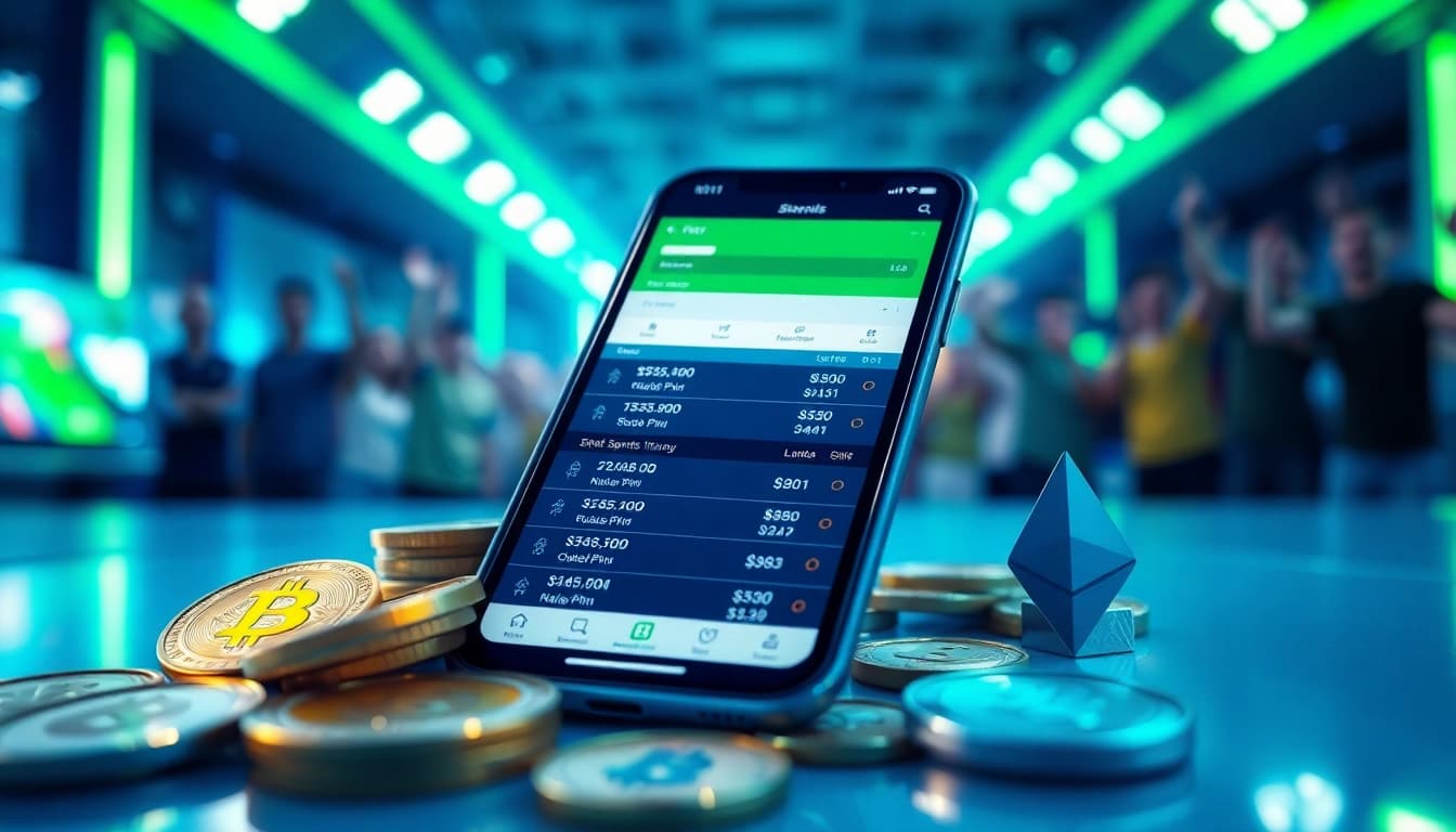 Explore cutting-edge crypto sports betting sites through a smartphone interface set in a futuristic environment.