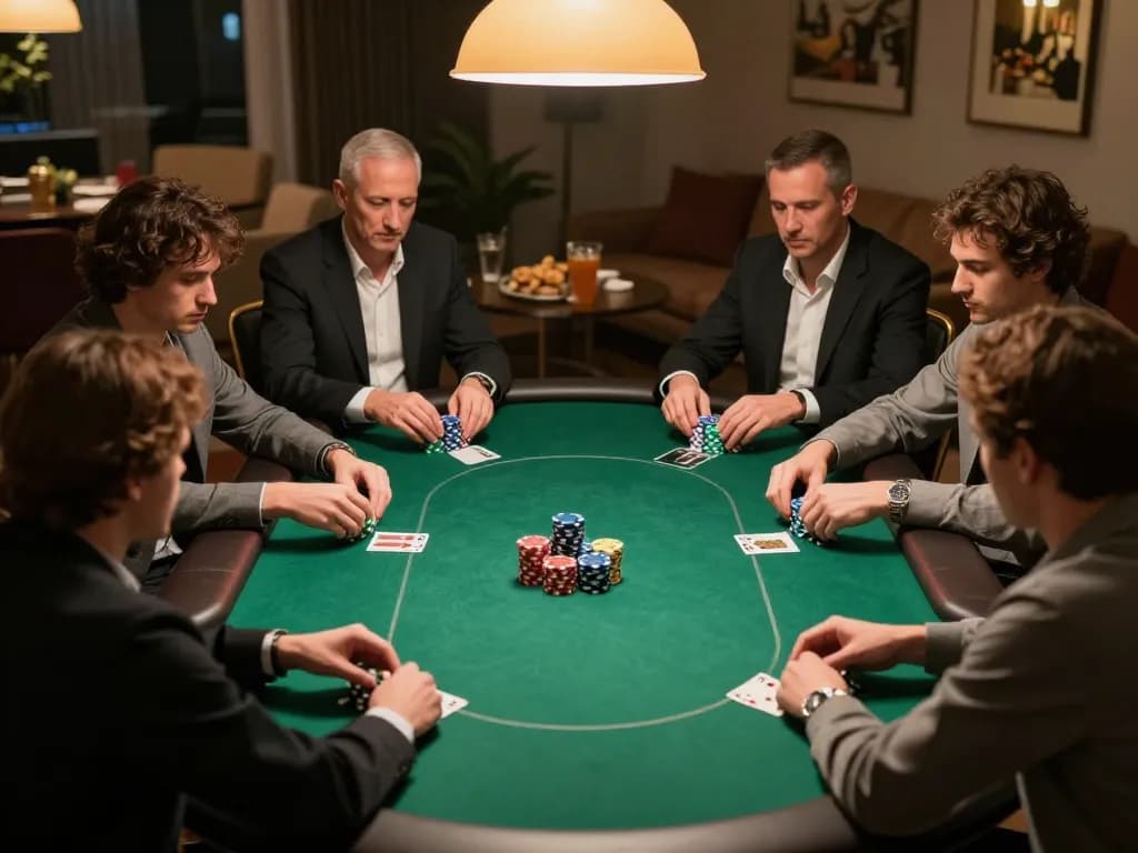 Players strategizing in a fly88 poker game, colorful chips stacked and drinks nearby, depicting a friendly home atmosphere.