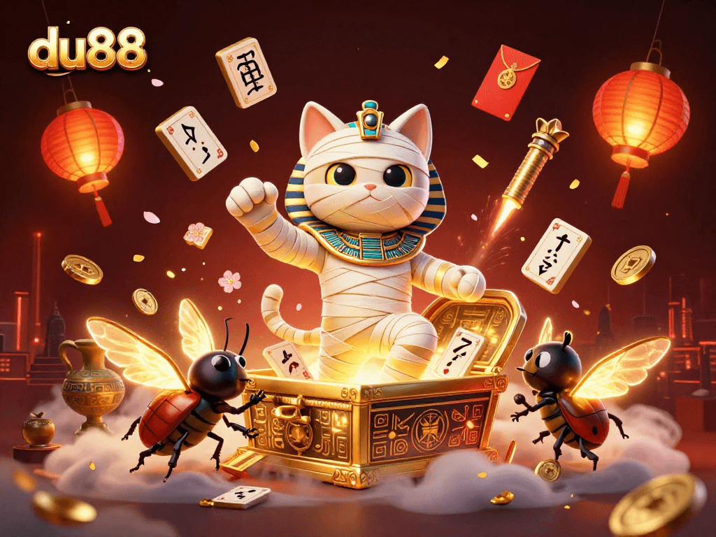 Play slots at du88 with a lively illustration of a mummy cat and casino elements.