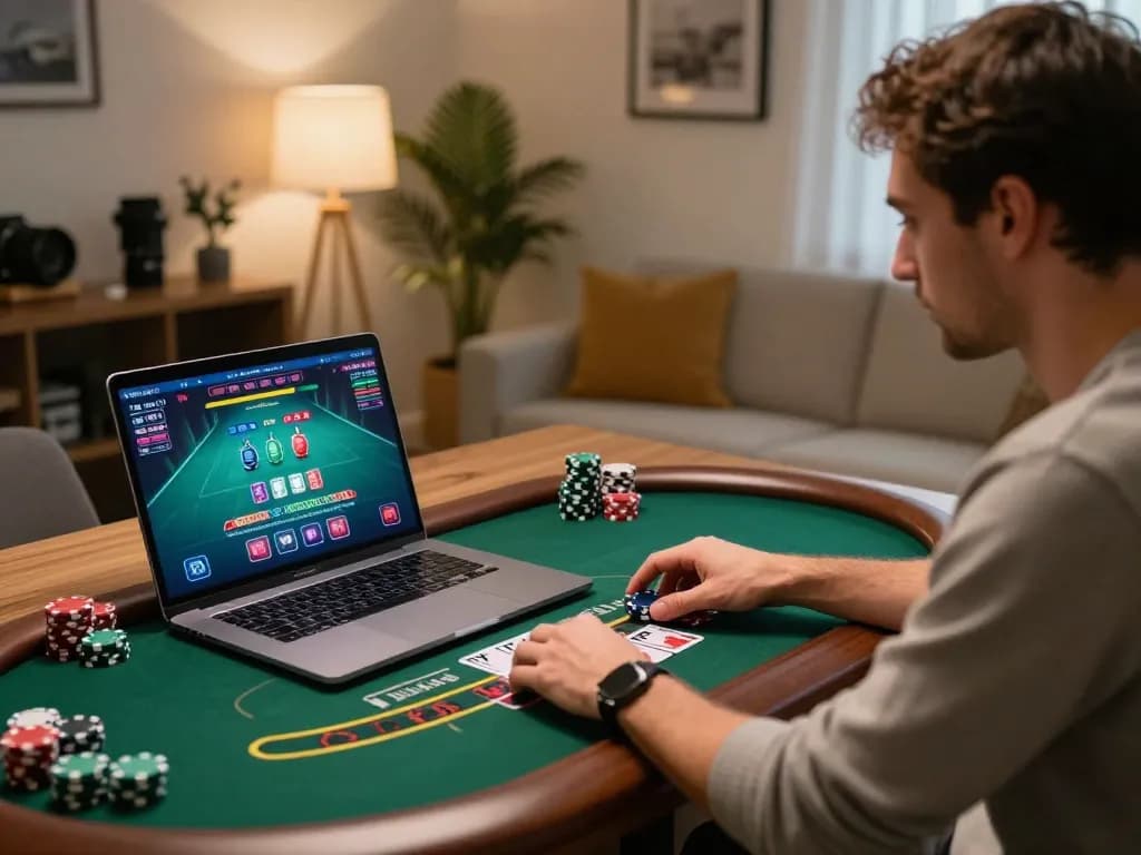 23WIN player engaging in live dealer blackjack from a cozy home setup, showcasing interactive gaming.