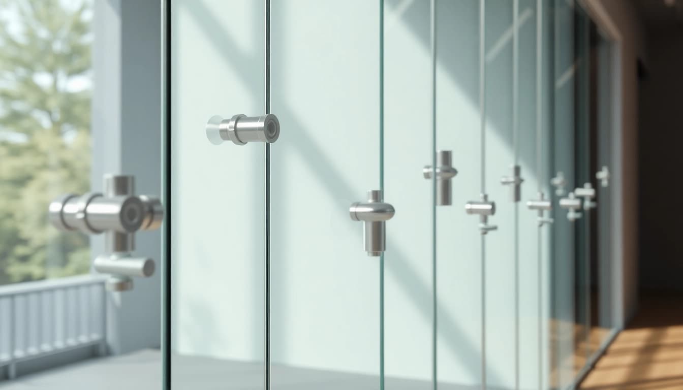 Explore Abstandshalter.com with sleek stainless steel spacers elegantly positioned on a modern glass wall.