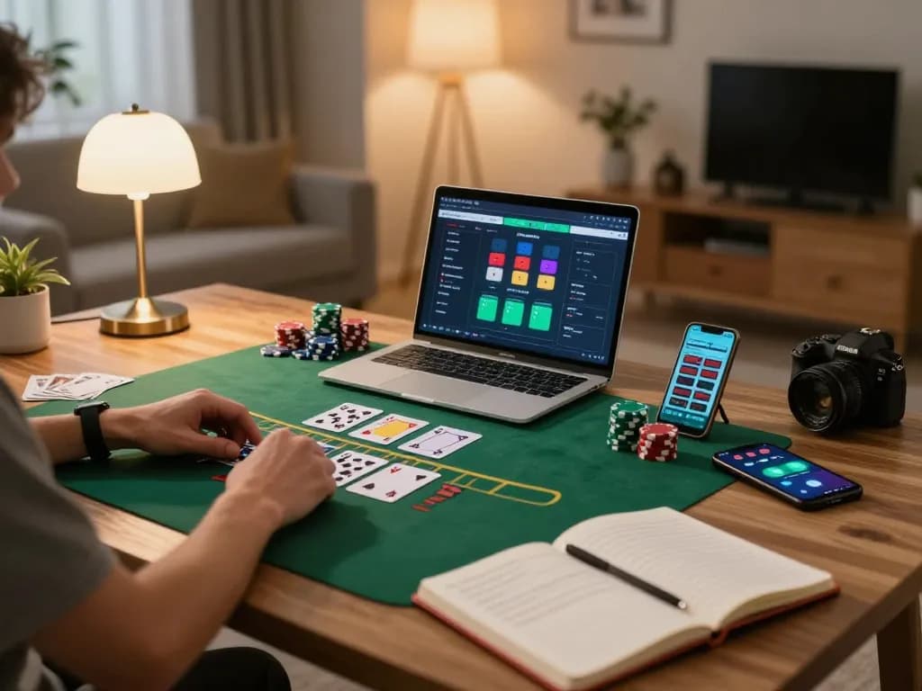 Person engaging in online blackjack gameplay on a laptop, showcasing O8 FOREX strategy in a cozy home setting