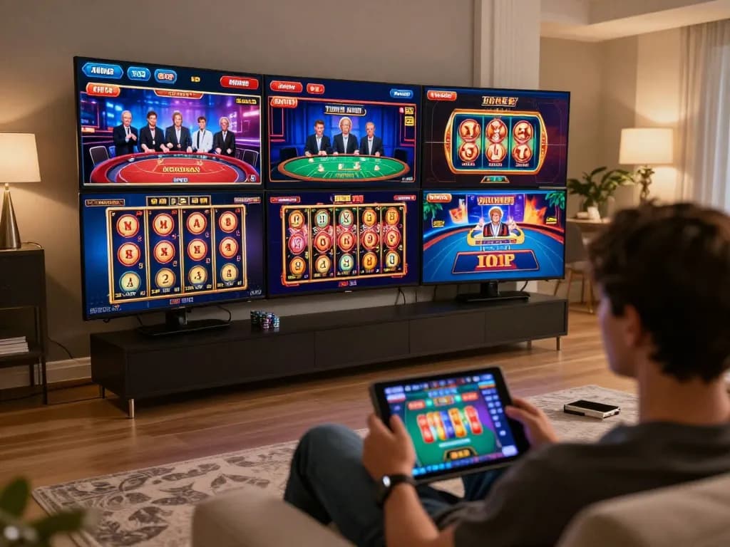 TWIN68 player engaging with vibrant online casino app on a cozy home setup, showcasing games.