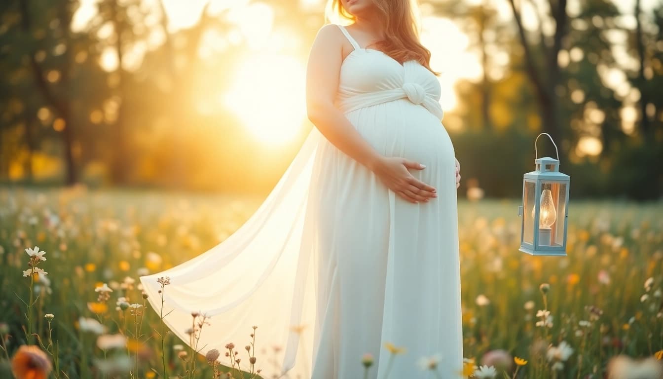 Radiant maternity photoshoot in a dreamy field at sunset.