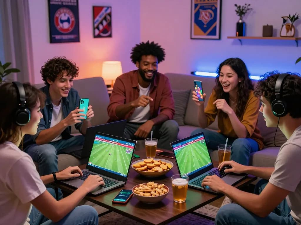 Friends enjoying a live sports betting experience with VN88 in a lively setting.