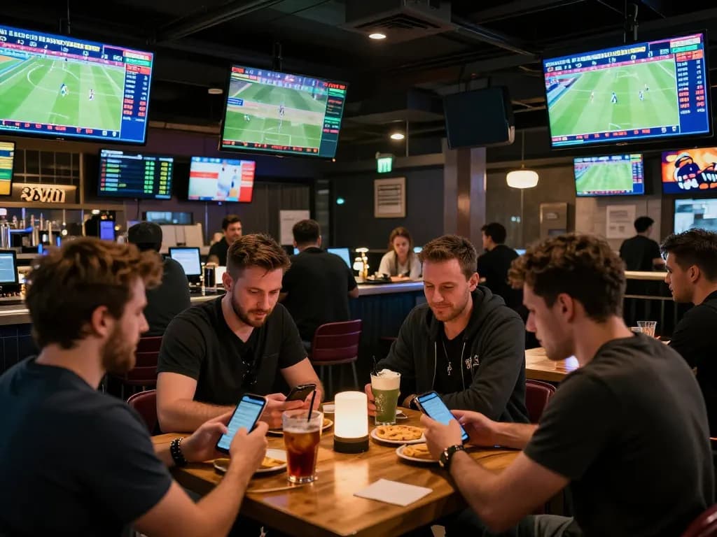 Patrons excitedly placing bets on sports events at 33WIN's live betting section in a vibrant atmosphere