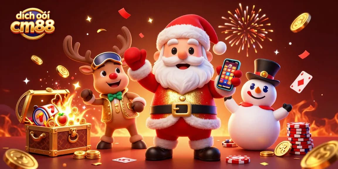 Experience the excitement of dịch vụ cm88 with Santa in a golden casino, treasure elements, and festive confetti.
