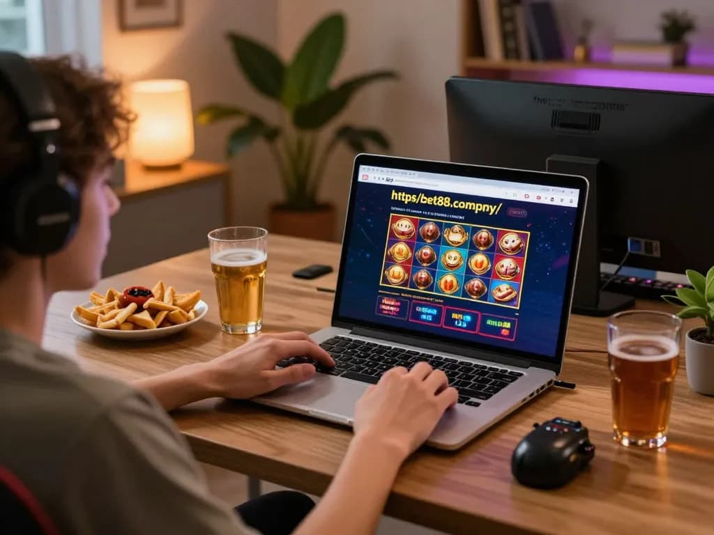 The player engages with the exciting online casino interface of https://bet88.company/ while enjoying a cozy home environment.