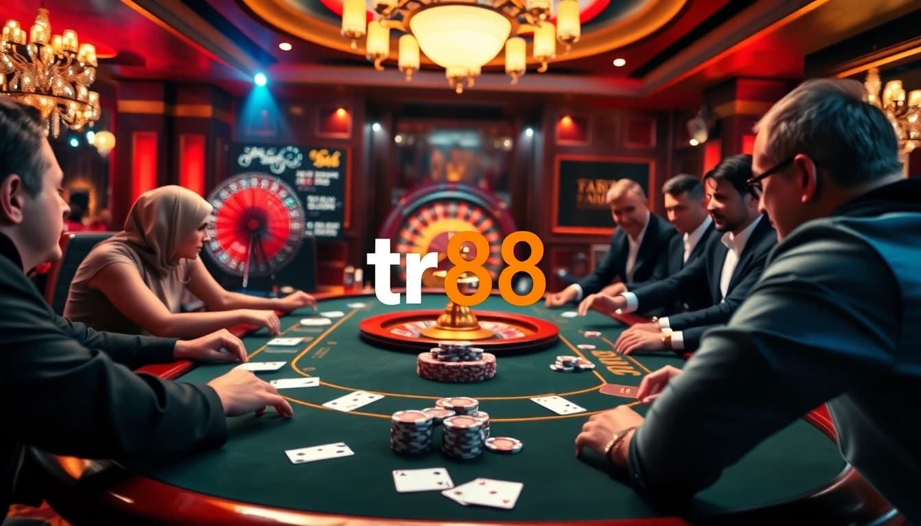 Players strategizing at a high-stakes poker table with tr88 chips.