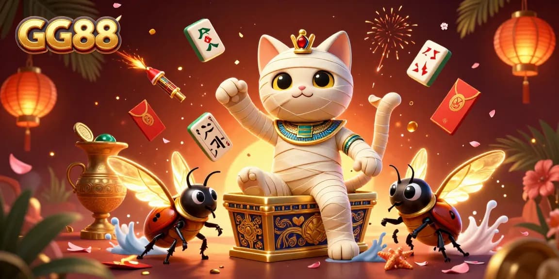 Win big at GG88 with vibrant casino scenes featuring a mummy cat and floating cards.