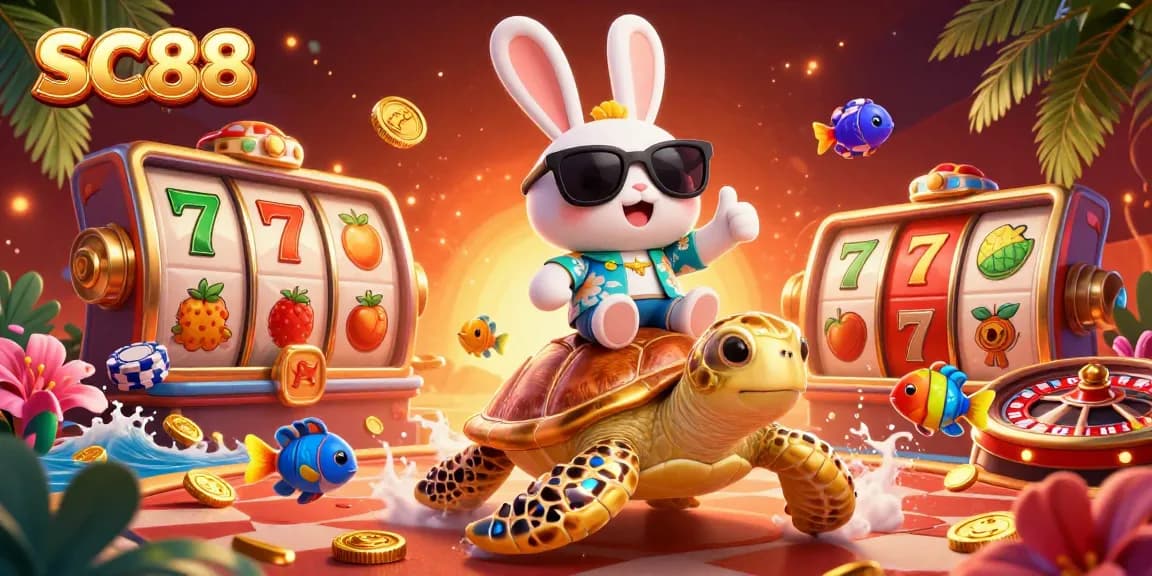 Join the fun at SC88 with a lucky rabbit and turtle in an adventurous casino setting!