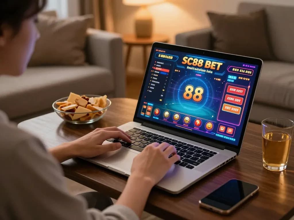 Engaging in SC88 BET with a laptop in a cozy home setup showcasing online casino excitement