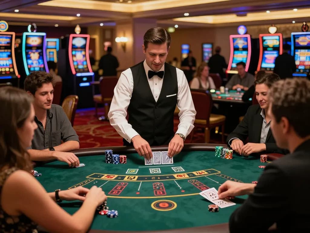 Players strategizing at a blackjack table in dn88's vibrant casino atmosphere, with intense gameplay action.