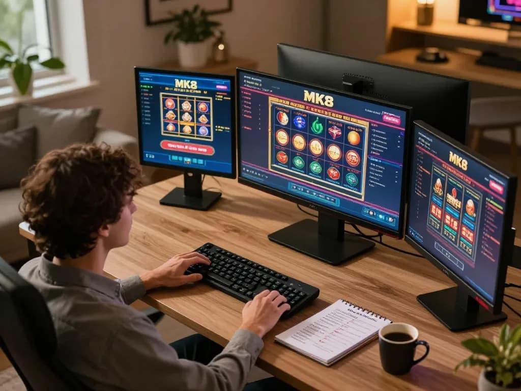 Engaging online MK8 gaming session with person using multiple screens for casino gameplay.