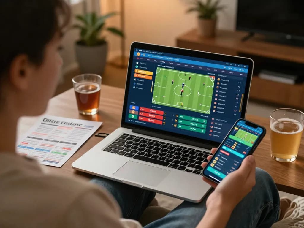 SV368 user placing bets on a live sports event with a laptop interface in a cozy home environment.